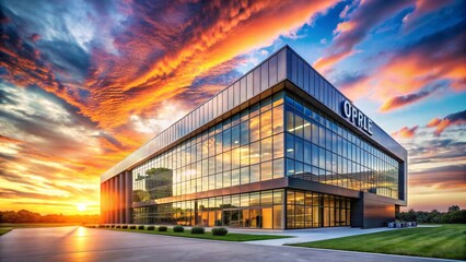 Obraz premium Modern Corporate Landscape: Spacious Office Building with Text Overlay for Business Presentations