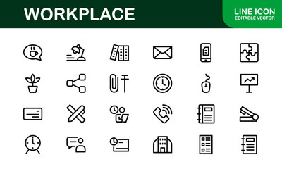 Modern Workplace Icon Set. Professional Icons for Office, Collaboration, Productivity, and Business Tools in Minimalist and Outline Styles.