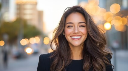 Obraz premium This vibrant portrait features a cheerful young woman with long hair smiling brightly in a lively urban setting adorned with soft, warm bokeh lights in the background.