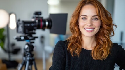 A radiant woman with stunning red hair poses elegantly, conveying a sense of professionalism and friendliness in her visually inviting environment with soft lighting.
