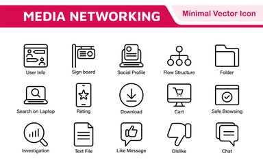 Media Icon Set. A sleek and modern collection of icons designed for the media industry, perfect for enhancing news platforms, entertainment apps, and digital marketing materials.
