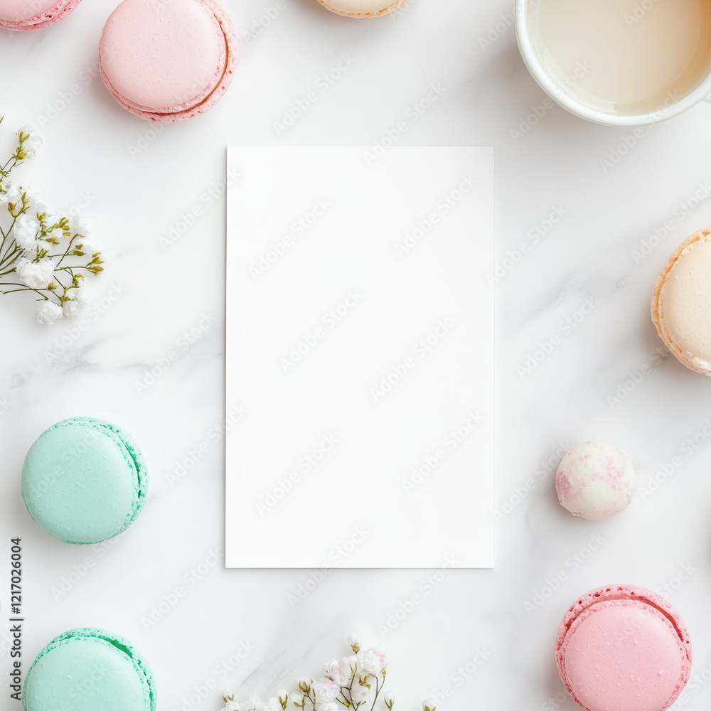 Poster blank white menu mockup surrounded by colorful macarons and flowers, creating delightful and invitin