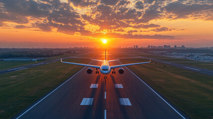 A commercial airplane landing at sunset with its wheels just touching the runway