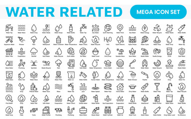 Water Related Icon Set. A refreshing collection of icons showcasing water conservation, aquatic life, and hydration, perfect for water awareness and sustainability.