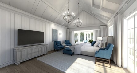 Fototapeta premium Luxurious bedroom with vaulted ceiling, large windows, and blue accents.