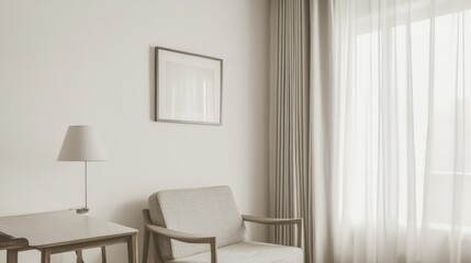 Minimalist living room featuring a cozy chair, lamp, and sheer curtains with soft light
