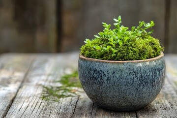 A single ceramic planter filled with moss styled on a rustic wooden surface. picture