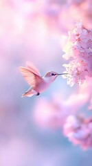 A hummingbird hovers delicately near vibrant flowers, poised to sip nectar amid a dreamy, pastel-colored setting.
