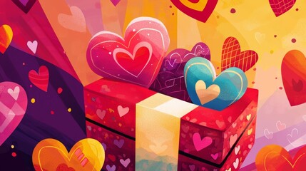 Valentine's gift box with whimsical cartoon-style hearts, vibrant colors, playful setting, children's illustration
