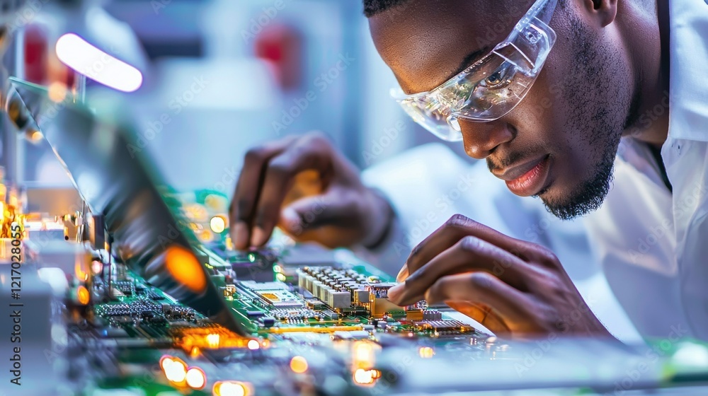 Poster electronics engineer examining circuit board in technology lab