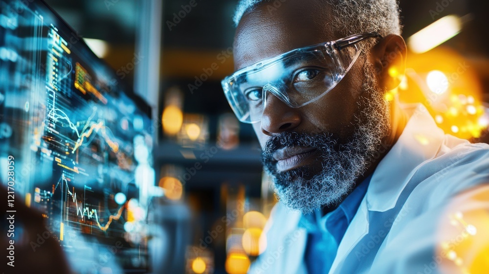 Poster focused scientist analyzing data and graphs in high tech laboratory