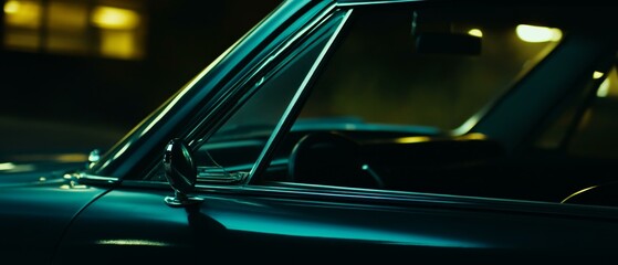Nighttime scene on empty street with car and side view mirror