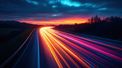 Obraz premium A highway at night with car headlights creating streaks of light against the dark sky