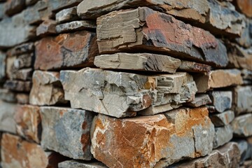 Close up of a corner of a decorative stone wall, highlighting the varied colors and textures of natural rocks