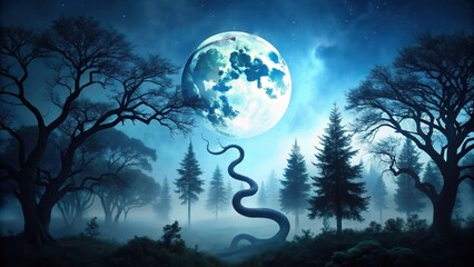 Dark forest landscape with a snake's body formed by tree silhouettes, set against a bright moonlit sky, animal silhouette, forest environment