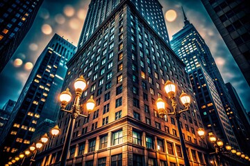 Moody Monochrome Night Building, Urban Architecture, Bokeh Lights, Cityscape, Dark City