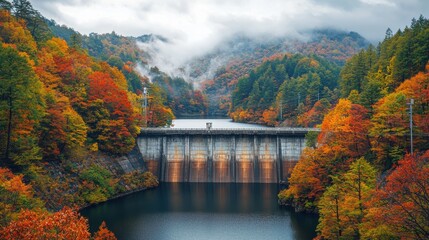 Fototapeta premium A breathtaking view of a dam surrounded by vibrant autumn foliage and misty mountains, showcasing nature's beauty and serene landscapes.