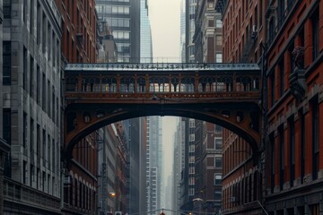 Ornate sky bridge connecting buildings across a city street in manhattan, new york city