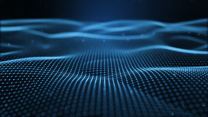 Futuristic flight through blue digital landscape.