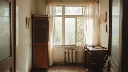 Serene interior of a vintage room with sunlight filtering through sheer curtains, evoking nostalgia