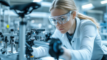 Female Engineer Working on Precision Machinery in a High-Tech Factory