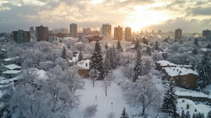 A breathtaking winter landscape showcasing a city blanketed in snow, with frosted trees and tall buildings under a soft, golden sunrise.