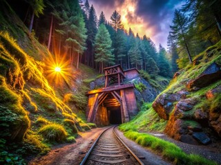 Fototapeta premium Mysterious Black Forest Mine Entrance: Finstergrund Exploration, Dramatic Lighting, Conceptual Photography