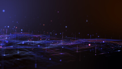 Flying through futuristic digital geology terrain, digital data telemetry and engineer topography with contour lines. 3D wireframe cartography concept.