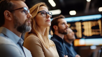 A diverse group of professionals engaged in observing financial trend charts, showcasing the analytical mindset vital for success in today's fast-paced market environment.