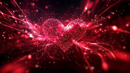 Valentine's-themed AI card with intricate red fractal heart designs, glowing pink light accents, dark digital background