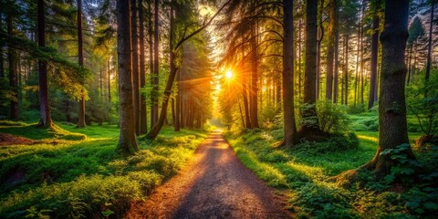 Fototapeta premium Mystical Forest Path Panorama: Low Light Nature Photography