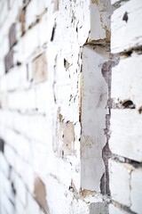 A close-up of a white brick wall with peeling paint