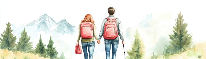 A couple hikes through a stunning landscape, holding hands and enjoying the scenic beauty of nature. Perfect for adventure and travel themes.