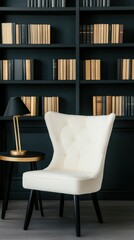 A stylish library corner with a large black bookshelf filled with books, a cozy white armchair, and a sleek lamp on a wooden side table.