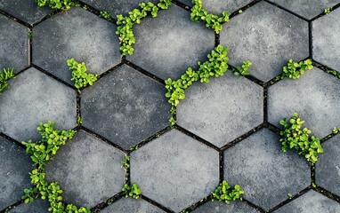 Obraz premium Gray concrete pavers with a hexagonal shape and grass between them, top view, stock photo for an online store background. --ar 8:5 --v 6.1 Job ID: 1de2b217-c500-4547-badc-59b6c16d4f51