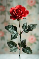 A single red rose sits in a vase surrounded by green leaves, perfect for decorating and adding a touch of elegance to any room or event