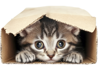 Isolated Kitten Peeking from a Box