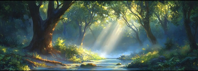 A tranquil forest scene with sunlight streaming through the trees and a gentle mist
