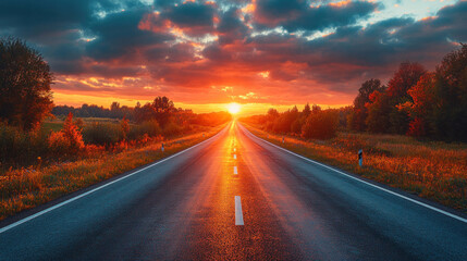 Naklejka premium A scenic view of an empty highway stretching into the horizon during a vibrant sunrise
