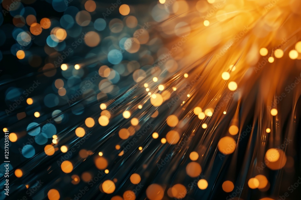 Poster fiber optics transmit data at high speed, creating a bokeh effect, symbolizing modern telecommunicat