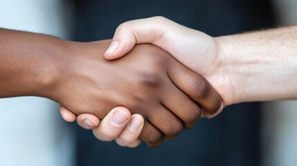 A striking visual of two diverse hands in a firm handshake, representing the beauty of collaboration and the strength found in unity among different people.