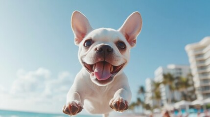 A joyful pug with a happy expression is captured mid-jump against a clear sky background, exuding energy and delight.
