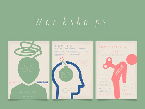 Banner templates inviting you to a stress management workshop on methods to find calm and improve your mental well-being.