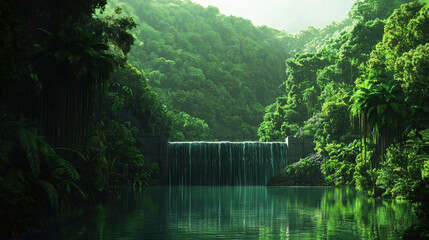 Fototapeta premium A serene jungle scene featuring a stunning waterfall surrounded by lush greenery and calm waters, perfect for nature lovers and tranquil escapes.