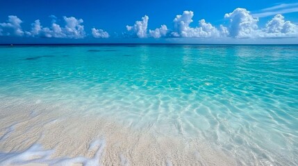 Fototapeta premium Crystal clear turquoise water gently laps against pristine sandy beach under a bright blue sky