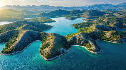 Galesnjak island surrounded by vivid turquoise waters, photographed from an aerial perspective with stunning detail