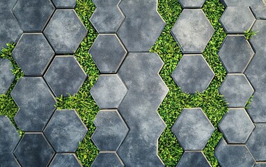 Gray concrete pavers with a hexagonal shape and grass between them, top view, stock photo for an online store background. --ar 8:5 --v 6.1 Job ID: 4c83a655-20aa-46ac-8a0c-f9a70131bf67