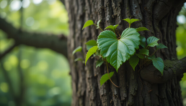 Lush, heart-shaped young leaves from a large tree stand out against a blurry backdrop, creating a perfect image for concepts like conservation, global warming, Valentine's Day, and love with copy - Powered by Adobe