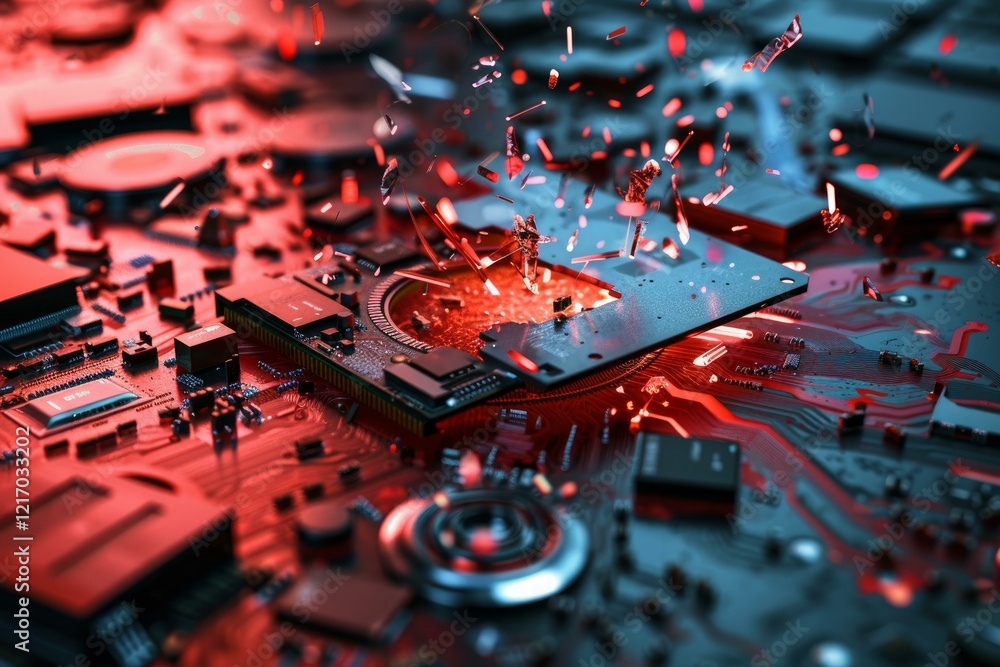 Leinwandbilder cpu exploding on burning motherboard is creating debris and showing damage from overheating