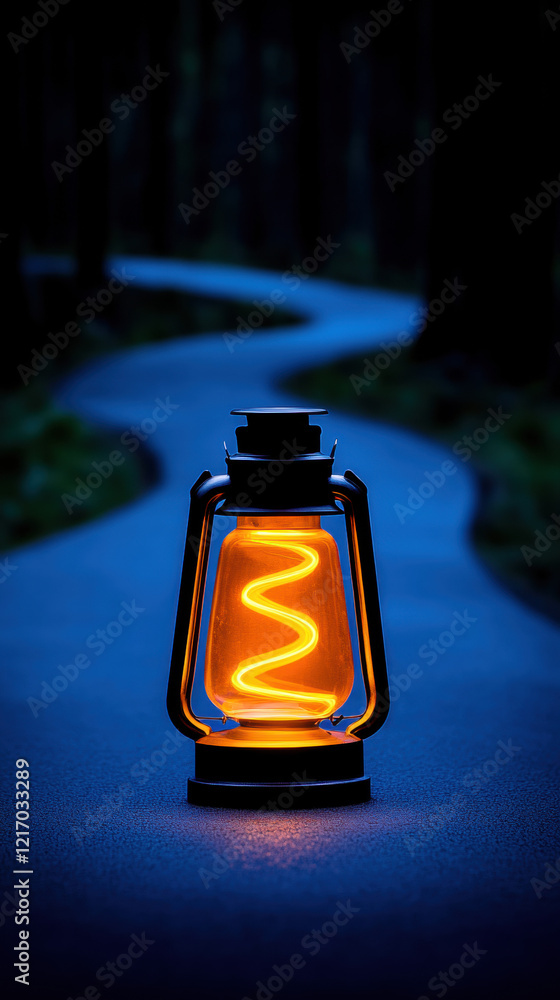 Poster the mystery, a glowing lantern lights up a twisting forest path, creating an enchanting atmosphere i